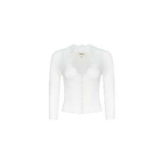 Eluna Cardigan Top: A white, long-sleeve button-up cardigan featuring a scalloped lace-trimmed V-neckline and delicate lace inset details, crafted from featherweight knit and displayed on a plain white background.
