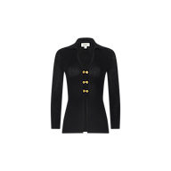 The Kaye Cardigan Top is a black knit, long-sleeve cardigan featuring a collar and four gold buttons down the front, shown against a plain white background. Perfect as part of your travel set.