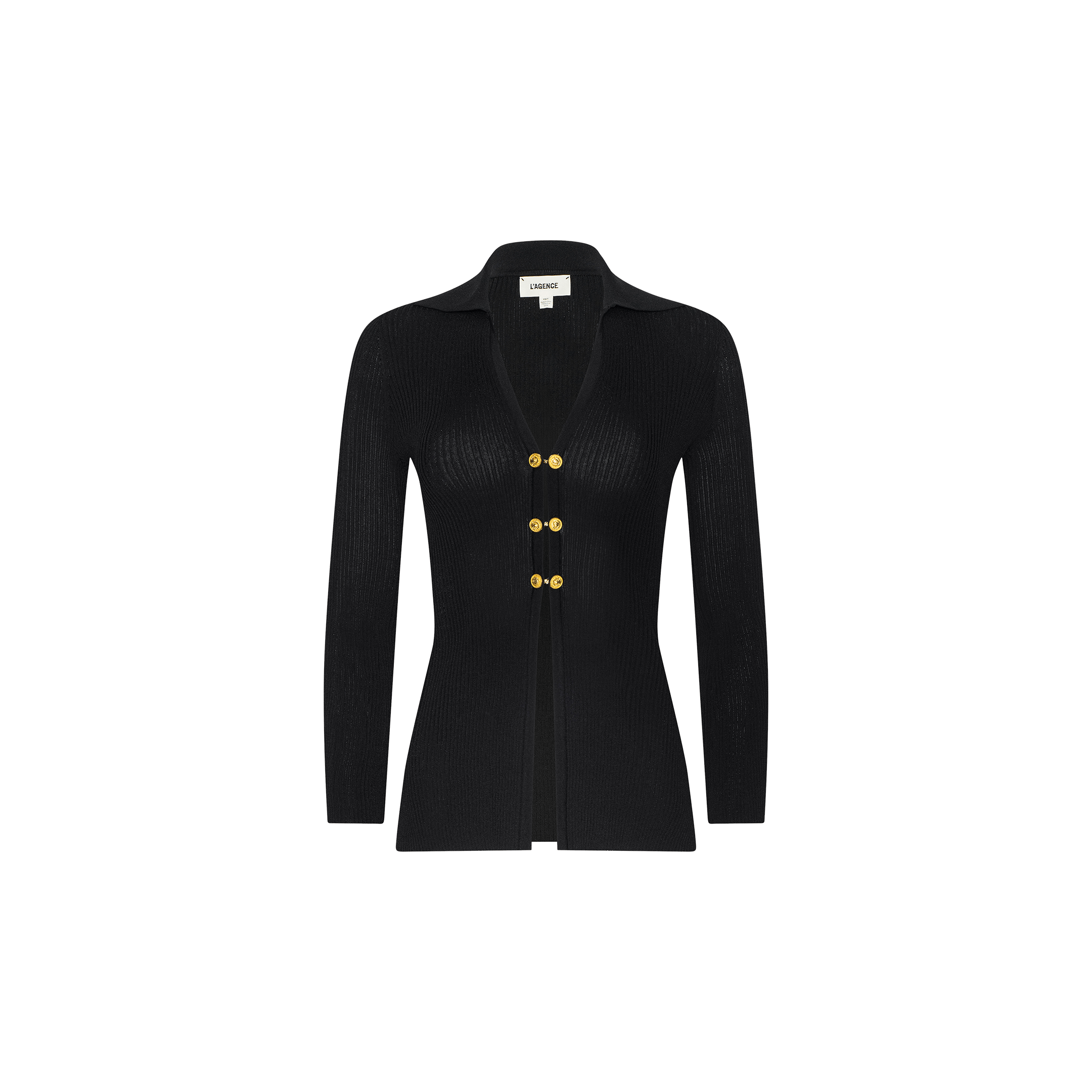 The Kaye Cardigan Top is a black knit, long-sleeve cardigan featuring a collar and four gold buttons down the front, shown against a plain white background. Perfect as part of your travel set.