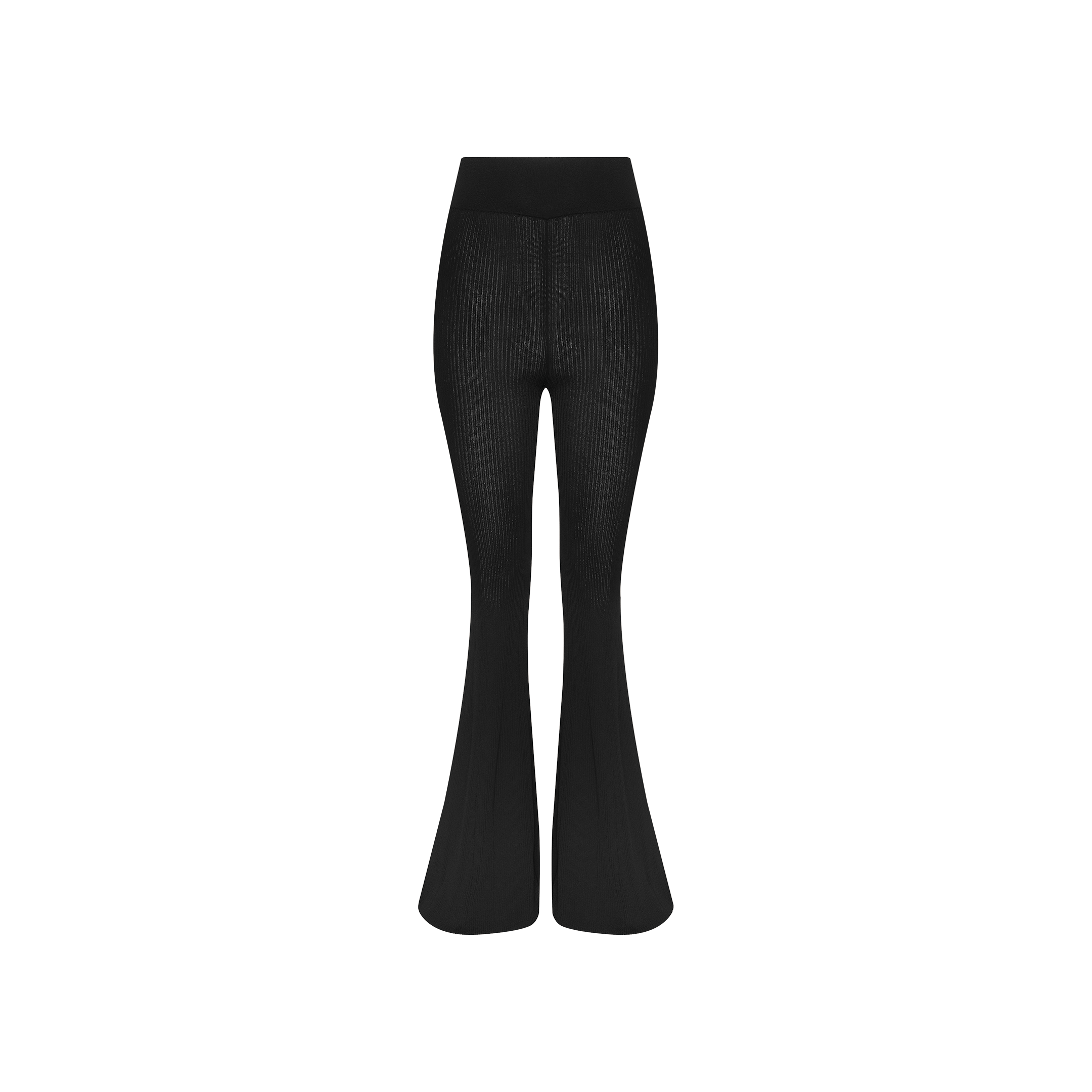 The Conan Knit Pant in black features a high-rise waist and ribbed knit fabric with a flared silhouette, shown against a plain white background.