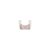 The Taline Crocheted Bralette is a handmade summer top featuring a cropped silhouette, square neckline, and spaghetti tie straps. Accented with metallic sequins for a touch of shimmer, this bralette is displayed against a plain white background and makes a stylish addition to your warm-weather wardrobe.