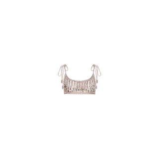 The Taline Crocheted Bralette is a beige, handmade crop top with tied shoulder straps, delicate tassel accents, and an open patterned weave. This summer statement piece is showcased on a plain white background.