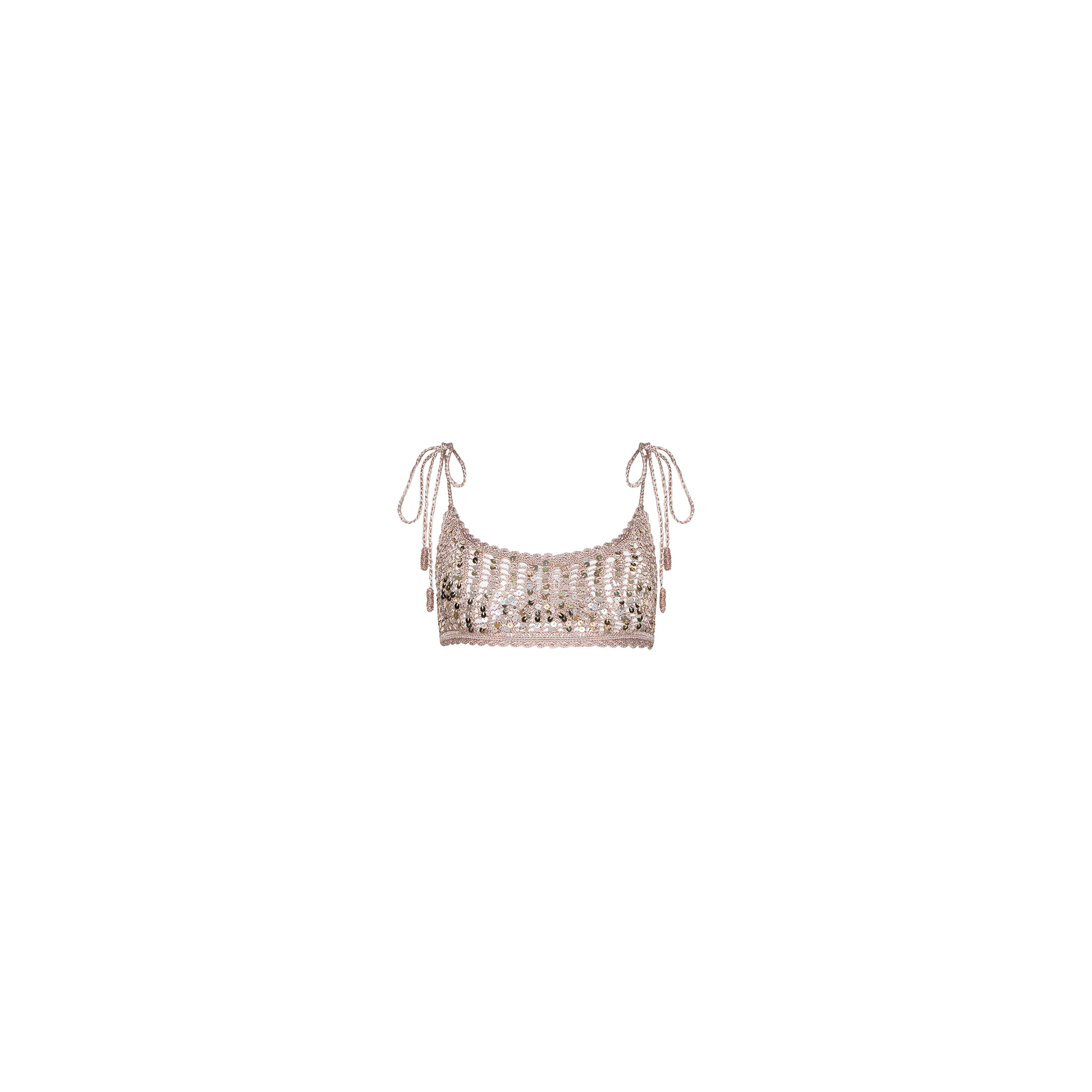The Taline Crocheted Bralette is a handmade summer top featuring a cropped silhouette, square neckline, and spaghetti tie straps. Accented with metallic sequins for a touch of shimmer, this bralette is displayed against a plain white background and makes a stylish addition to your warm-weather wardrobe.