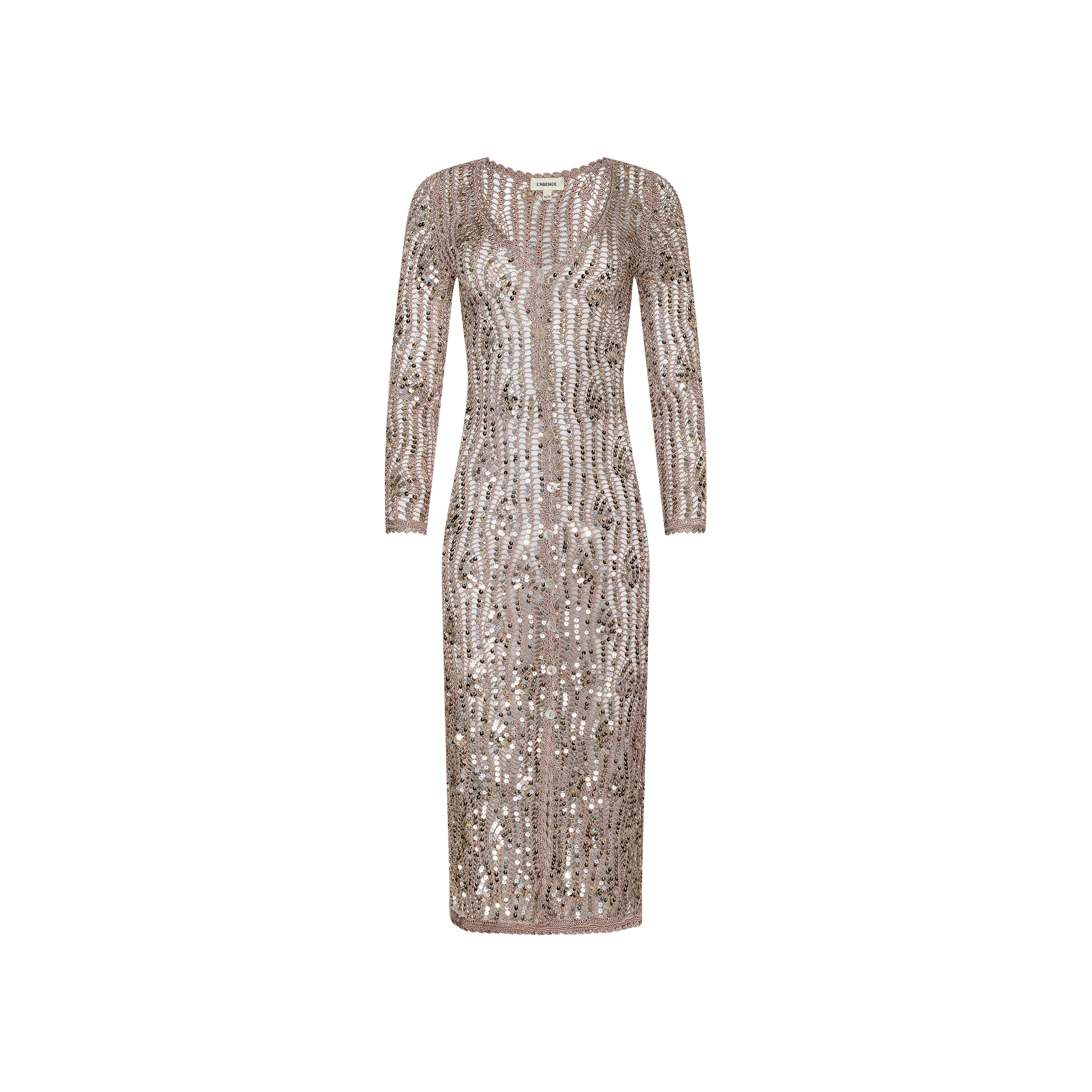 The Sanya Crocheted Cardigan, a long-sleeve, fitted nude piece adorned with intricate sequins and beads, is perfect as a vacation outfit or stylish swimsuit cover-up, shown here against a white background.