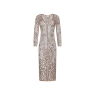 The Sanya Crocheted Cardigan, a long-sleeve, fitted nude piece adorned with intricate sequins and beads, is perfect as a vacation outfit or stylish swimsuit cover-up, shown here against a white background.