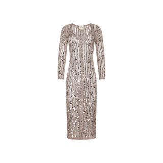 A long-sleeve, knee-length Sanya Crocheted Cardigan with a nude base and all-over silver sequin embellishments brings a touch of sequined crochet-inspired elegance, making it the perfect choice for sophisticated vacation wear. Displayed on a plain white background.