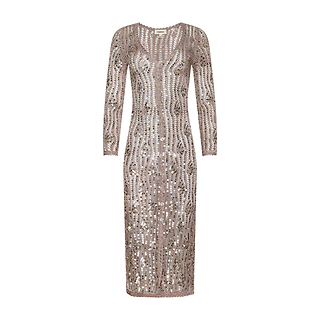 The Sanya Crocheted Cardigan is a knee-length, long-sleeve nude cover-up, adorned with silver sequins and beads arranged in vertical and wavy patterns—making it a shimmering swimsuit cover-up that’s perfect for your next summer vacation. It is displayed on a plain white background.