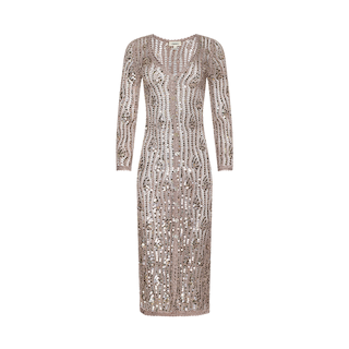 Knee-length, sheer long-sleeve Sanya Crocheted Cardigan with a nude base and silver sequin embellishments in geometric patterns; this versatile piece works beautifully as a chic swimsuit cover-up or an eye-catching vacation outfit, displayed on a plain white background.