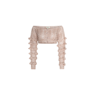 The Fey Crocheted Top is a cropped, long-sleeve, light pink off-shoulder top featuring ruffle details along the sleeves and an off-the-shoulder neckline, showcasing delicate handmade artistry.