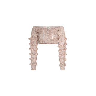 The Fey Crocheted Top is a light pink, off-the-shoulder cropped sweater featuring long, textured sleeves with ruffled, tiered details and a central vertical knit pattern. This top highlights subtle handmade artistry and is displayed against a plain white background.