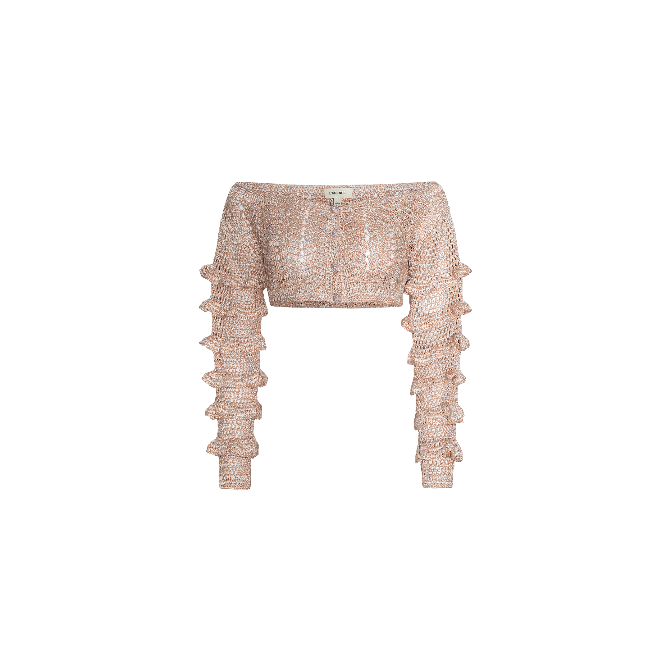The Fey Crocheted Top is a cropped, long-sleeve, light pink off-shoulder top featuring ruffle details along the sleeves and an off-the-shoulder neckline, showcasing delicate handmade artistry.