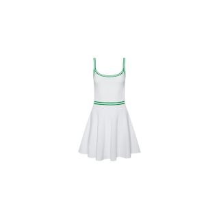 The Lilibet Knit Tennis Dress is a white sleeveless athletic dress with a scoop neckline, green trim along the neckline and straps, and a green band at the waist. It includes built-in shorts for added comfort and coverage, shown on a plain white background.
