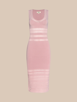 The Taren Knit Dress is a sleeveless, form-fitting light pink dress with white horizontal stripes, a scoop neckline, and mid-calf length for subtle compression. Shown on a plain beige background.
