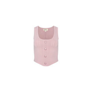 Dove Knit Corset Top in light pink features a sleeveless, ribbed power knit design with a curved hemline and four large round buttons down the front, displayed on a plain white background.
