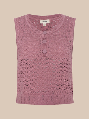 Canotta Carven Pointelle Knit senza maniche, color malva, con scollo rotondo, tre bottoni decorativi sul davanti e motivo a zig zag.