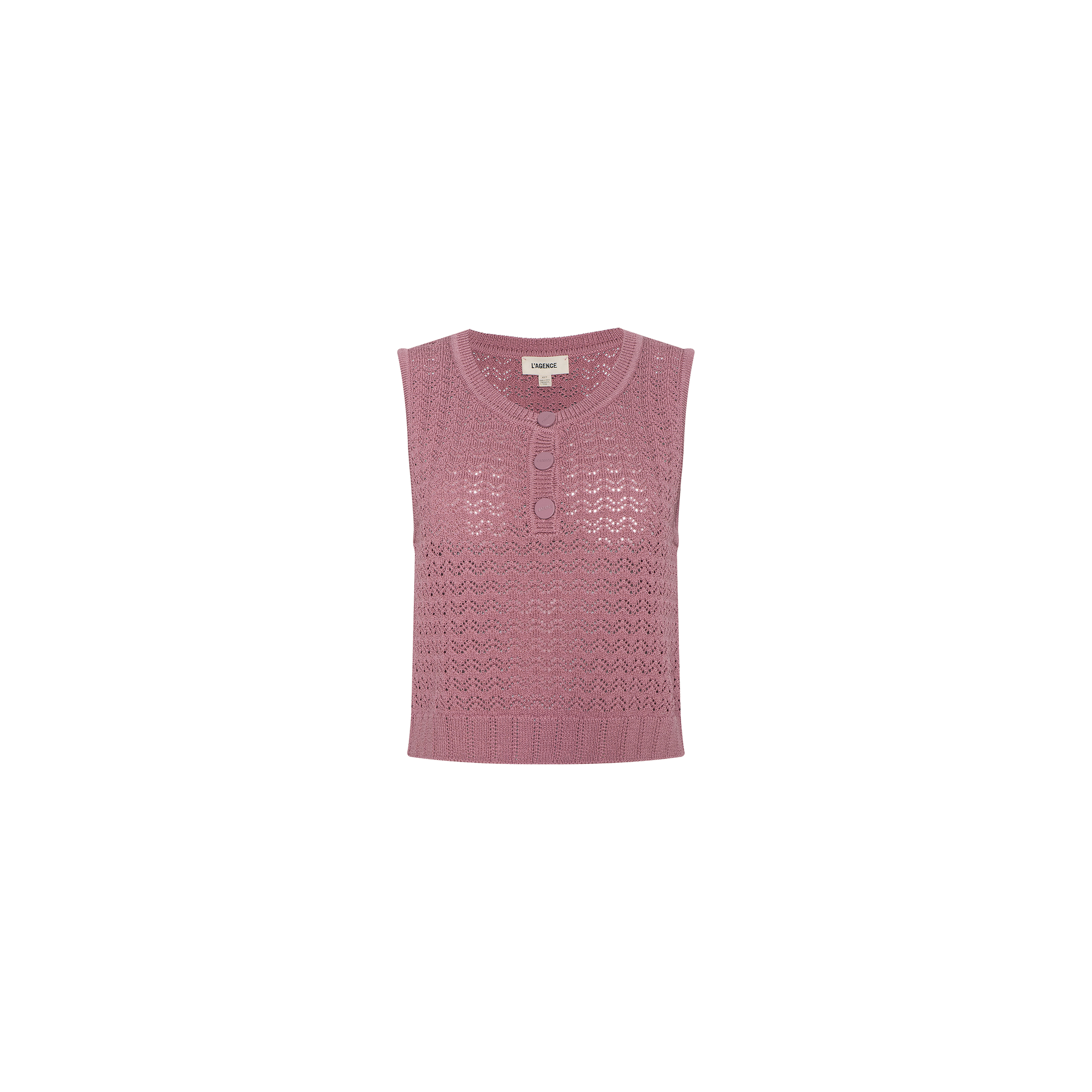 The Carven Pointelle Knit Tank is a sleeveless, light purple top with a pointelle knit design, featuring a round neckline and two front buttons, displayed against a plain white background.