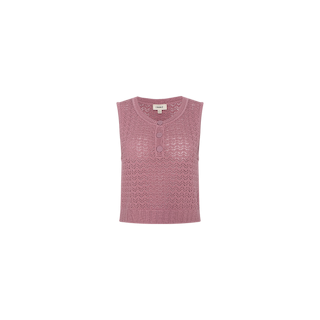 The Carven Pointelle Knit Tank is a sleeveless, light purple vest with a scoop neckline and three front buttons, showcasing a textured zigzag pattern inspired by Carven’s refined style. It is displayed against a plain white background.