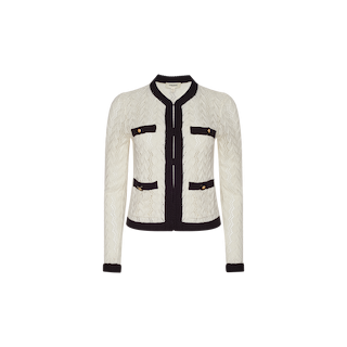 Zephyra Pointelle Knit Cardigan in white with long sleeves and black trim, featuring four pockets—two on the chest and two at the waist—all adorned with gold buttons, displayed on a plain white background.