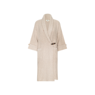 The Orielle Cardigan is a long, beige sweater featuring rolled-up sleeves, spacious front pockets, and a side buckle closure, shown against a white background.
