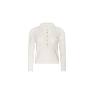 Airy Cable Knit Sweater: white long-sleeve cable knit sweater featuring a collar and five gold buttons down the front, displayed on a plain white background.
