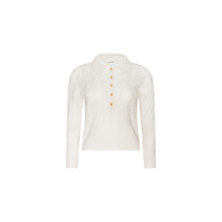 The Airy Cable Knit Sweater is a white, long-sleeve design featuring a high collared neckline and five gold heart buttons down the front, displayed on a plain white background.