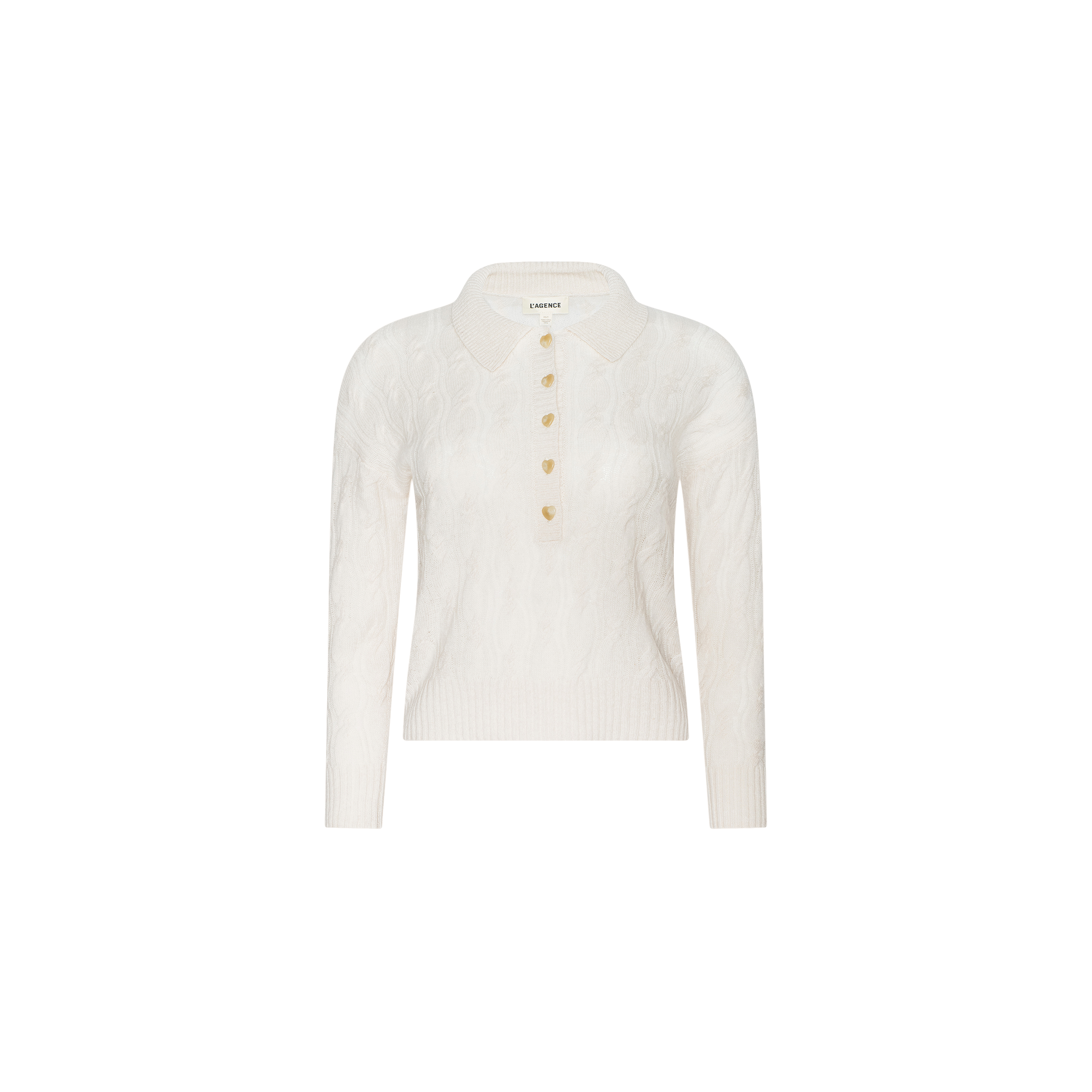Airy Cable Knit Sweater: white long-sleeve cable knit sweater featuring a collar and five gold buttons down the front, displayed on a plain white background.