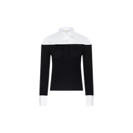 The Mathilde Poplin Collar Pullover is a long-sleeve cropped pullover with a black body and sleeves, accented by a contrasting white poplin collar and white cuffs for a layered shirt-under-sweater look. The background is plain white.