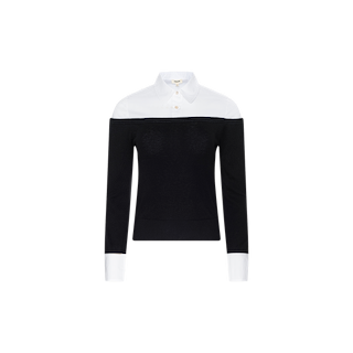 The Mathilde Poplin Collar Pullover is a long-sleeve, off-the-shoulder black sweater featuring a white poplin shirt detail at the collar and crisp white cuffs, displayed on a plain white background.