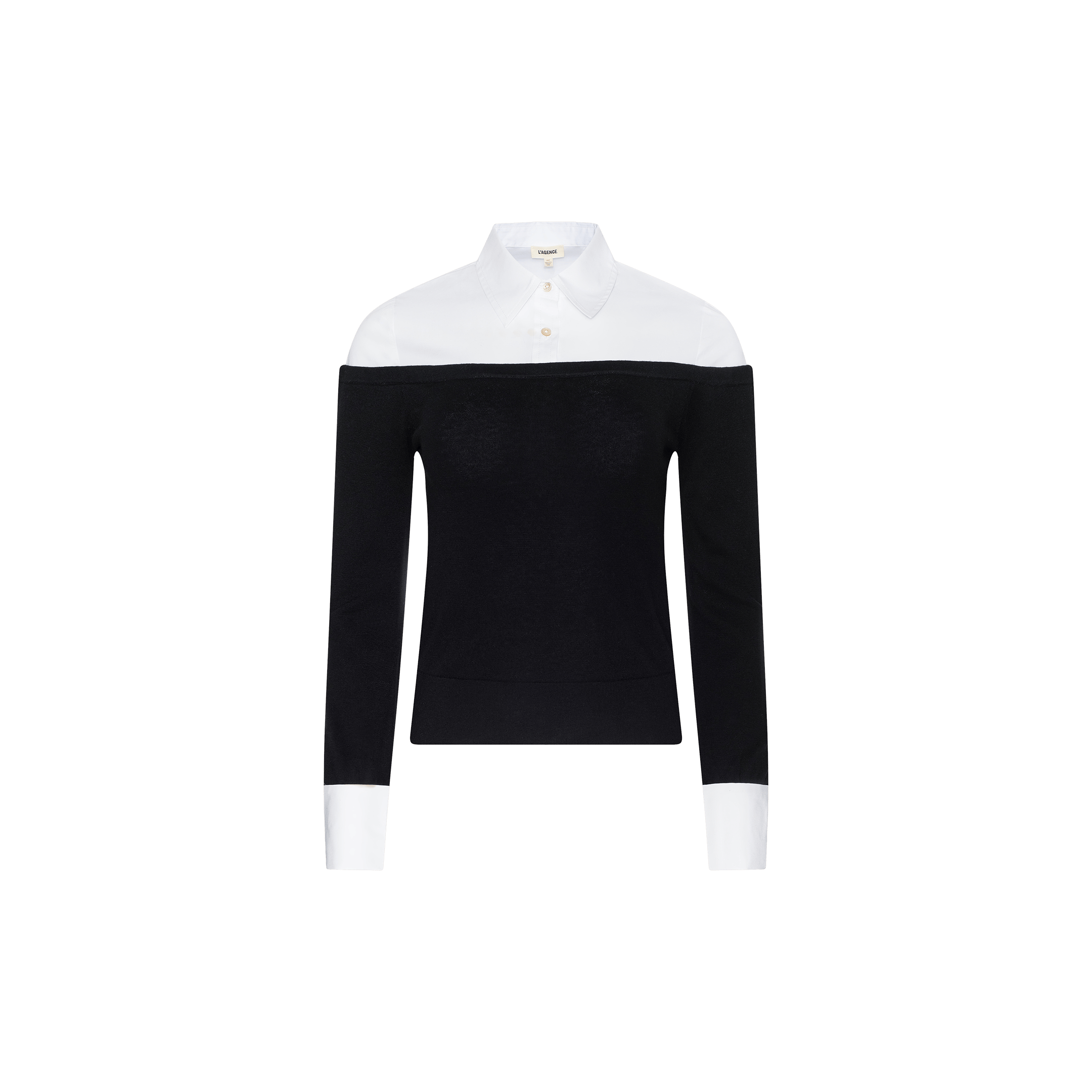 The Mathilde Poplin Collar Pullover is a long-sleeve cropped pullover with a black body and sleeves, accented by a contrasting white poplin collar and white cuffs for a layered shirt-under-sweater look. The background is plain white.