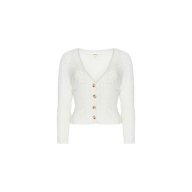 The Agathe Cardigan Top is a white, long-sleeve, V-neck cropped cardigan featuring four brown buttons down the front, displayed on a plain white background.