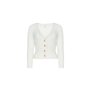 The Agathe Cardigan Top is a white, long-sleeve, V-neck fuzzy cardigan featuring four large brown buttons down the front, displayed against a plain white background.