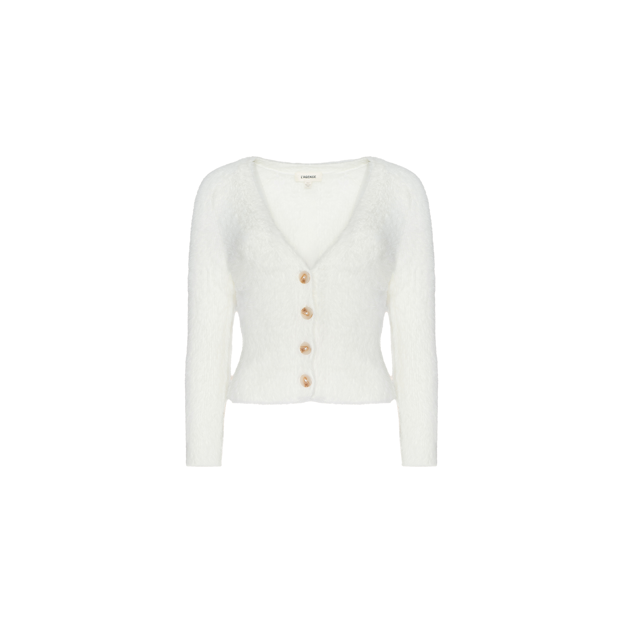 The Agathe Cardigan Top is a white, long-sleeve, V-neck cropped cardigan featuring four brown buttons down the front, displayed on a plain white background.