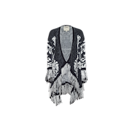 Naiad Jacquard Fringe Cardigan in a black and white boho-chic open-front style with a patterned design and long fringe trim along the hem and sleeves.