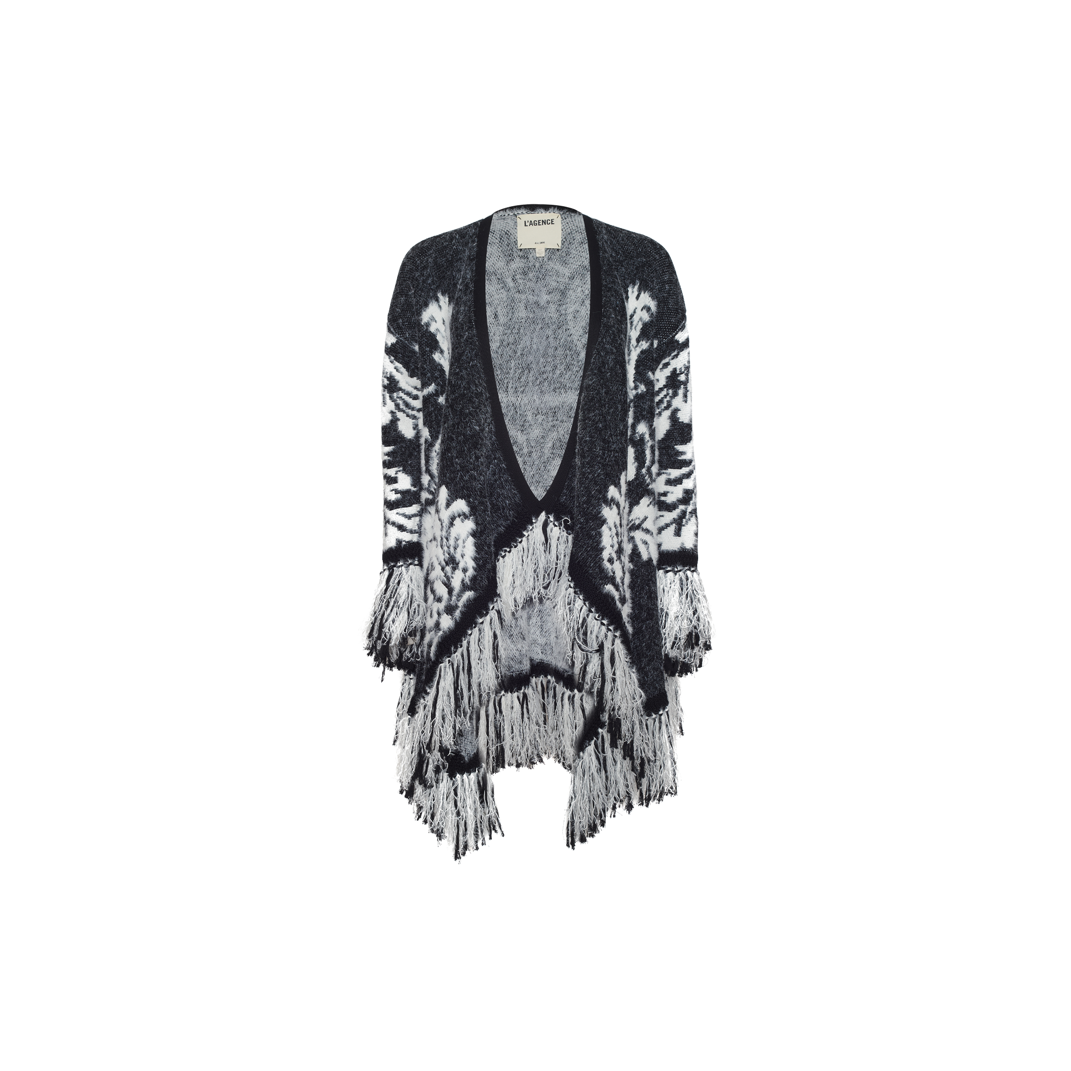 Naiad Jacquard Fringe Cardigan in a black and white boho-chic open-front style with a patterned design and long fringe trim along the hem and sleeves.