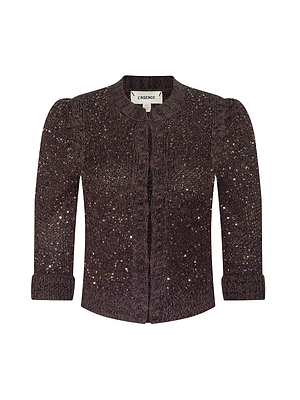 Dark brown textured blouse with a brand label on a white background