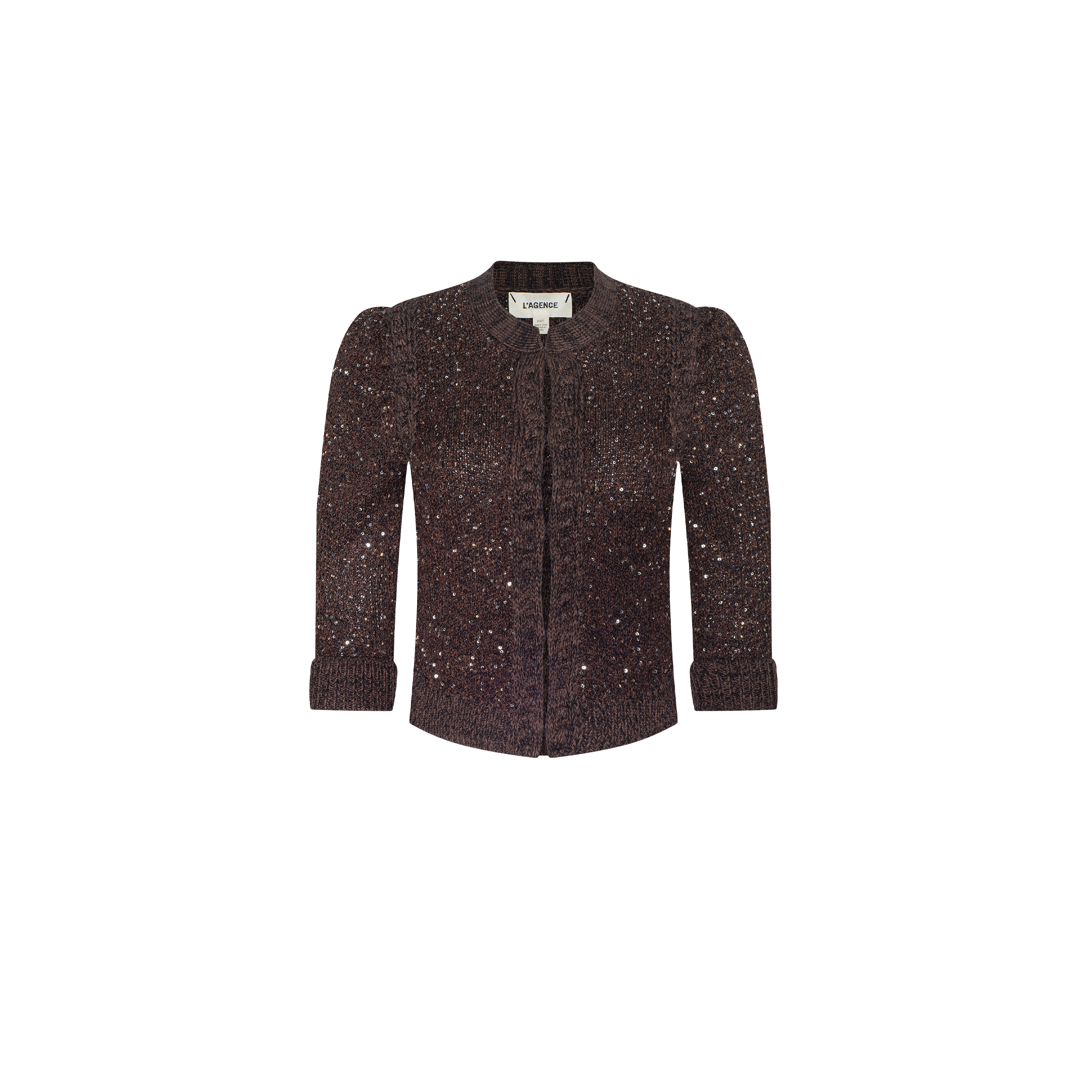 The Thistle Sequined Cardigan is a dark brown, textured knit design featuring long sleeves with slight puff shoulders, a round neckline, and subtle micro sequins inspired by New York Fashion Week, shown against a white background.