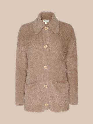 Mist Cardigan: An oversized light brown, fuzzy button-up cardigan featuring a collar, large front pockets, and long sleeves, displayed against a solid beige background.