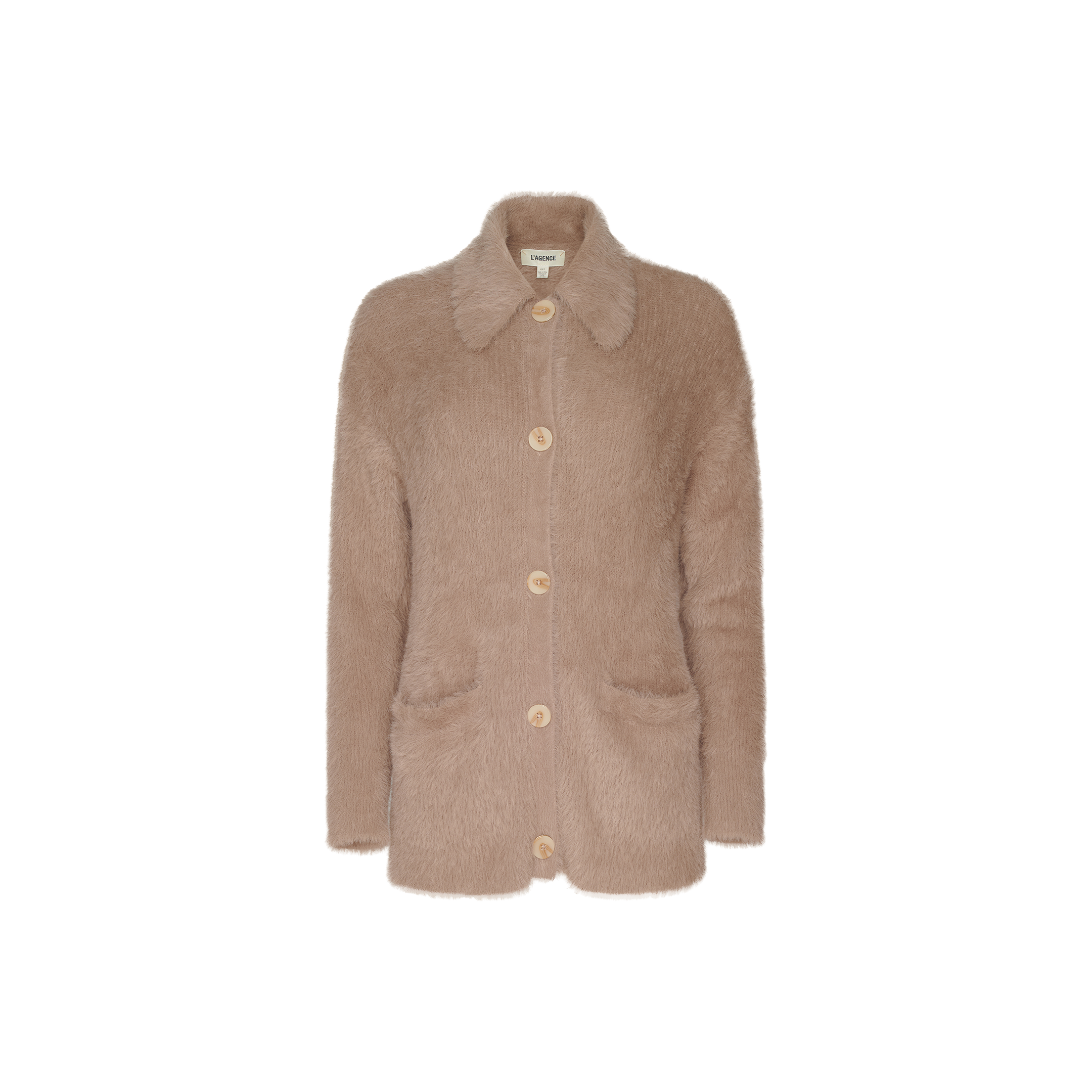 The Mist Cardigan is a light brown, fuzzy button-up coat featuring a collar and two front pockets, crafted from ultra-soft yarn for a cozy feel, displayed against a plain white background.