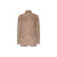 The Mist Cardigan is a light brown, fuzzy button-up coat featuring a collar and two front pockets, crafted from ultra-soft yarn for a cozy feel, displayed against a plain white background.