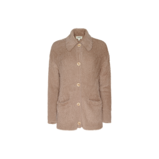 The Mist Cardigan, a light brown, fuzzy, button-up coat with a collar and two large front pockets that evoke the look of an oversized cardigan, is displayed on a plain white background.