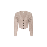 The Hail Cabled Cardigan is a beige, long-sleeve, ribbed knit cropped cardigan with a deep V-neckline and four large dark buttons down the front. It features subtle blouson sleeves and is displayed on a plain white background.