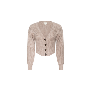 The Hail Cabled Cardigan is a beige, ribbed, long-sleeve cropped cardigan featuring a V-neck and four dark buttons down the front, shown against a plain white background.