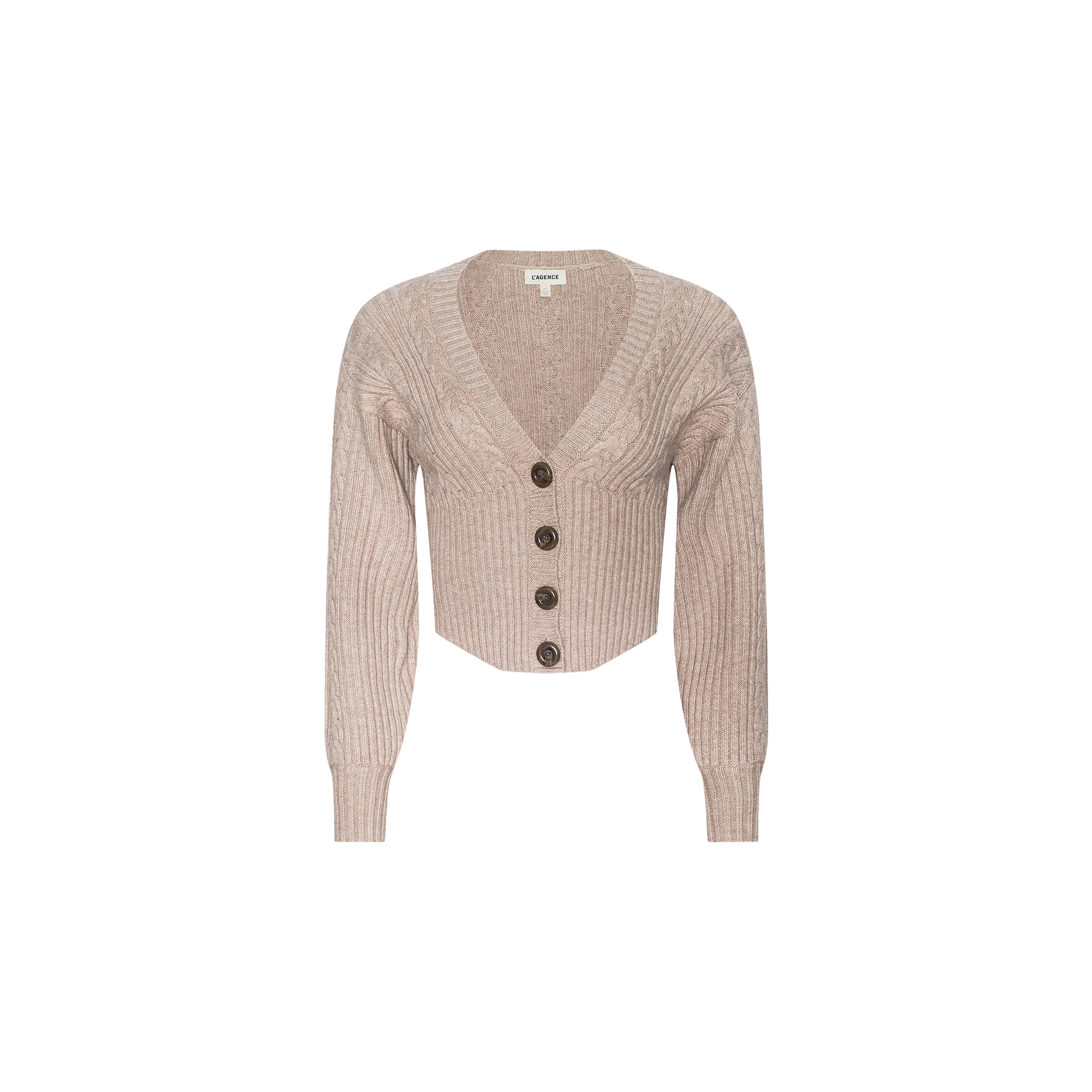 The Hail Cabled Cardigan is a beige, long-sleeve, ribbed knit cropped cardigan with a deep V-neckline and four large dark buttons down the front. It features subtle blouson sleeves and is displayed on a plain white background.