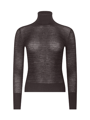 Brown textured turtleneck sweater on a white background