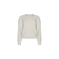 The Nimbus Pullover, shown against a white background, is a long-sleeve sweater in light beige crafted from ultra soft yarn, featuring a crew neckline along with ribbed cuffs and hem.