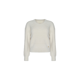 The Nimbus Pullover is a light beige, long-sleeve knit sweater made from ultra-soft yarn, featuring a crew neckline with ribbed cuffs and hem, showcased against a plain white background.