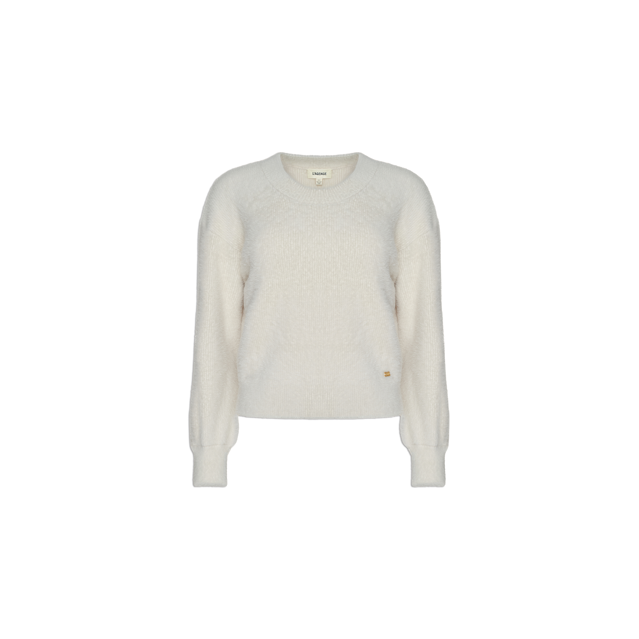 The Nimbus Pullover, shown against a white background, is a long-sleeve sweater in light beige crafted from ultra soft yarn, featuring a crew neckline along with ribbed cuffs and hem.