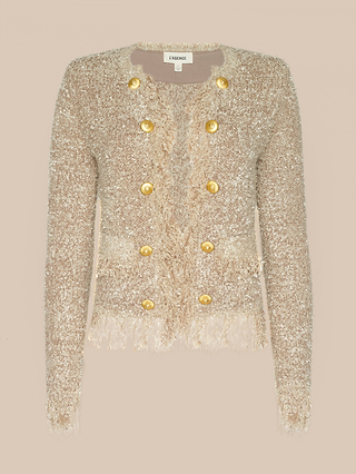 Mireille Fringe Cardigan in beige features long sleeves, double rows of gold buttons, a round neckline, and a textured, fuzzy-soft fabric woven with delicate metallic threads that catch the light; finished with lightly frayed hems and edges.