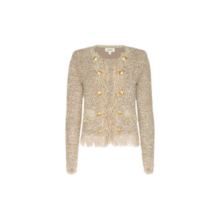 The Mireille Fringe Cardigan is a beige, textured knit design featuring long sleeves, double rows of gold buttons down the front, and a unique fringed hem and cuffs woven with subtle metallic threads, shown against a plain white background.