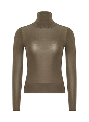 The Ninon Turtleneck is a fitted, long-sleeve sweater in light brown that channels historical romance and chic Fall 2026 style, inspired by New York Fashion Week. Shown on a plain white background.